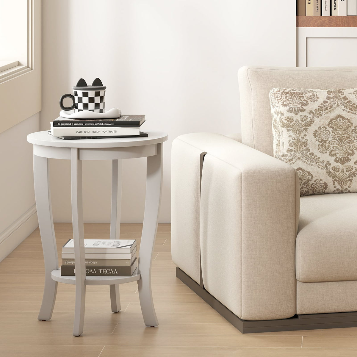 2-tier Round End Table with Solid Wood Legs-White-End & Side Tables-DECOROLALA