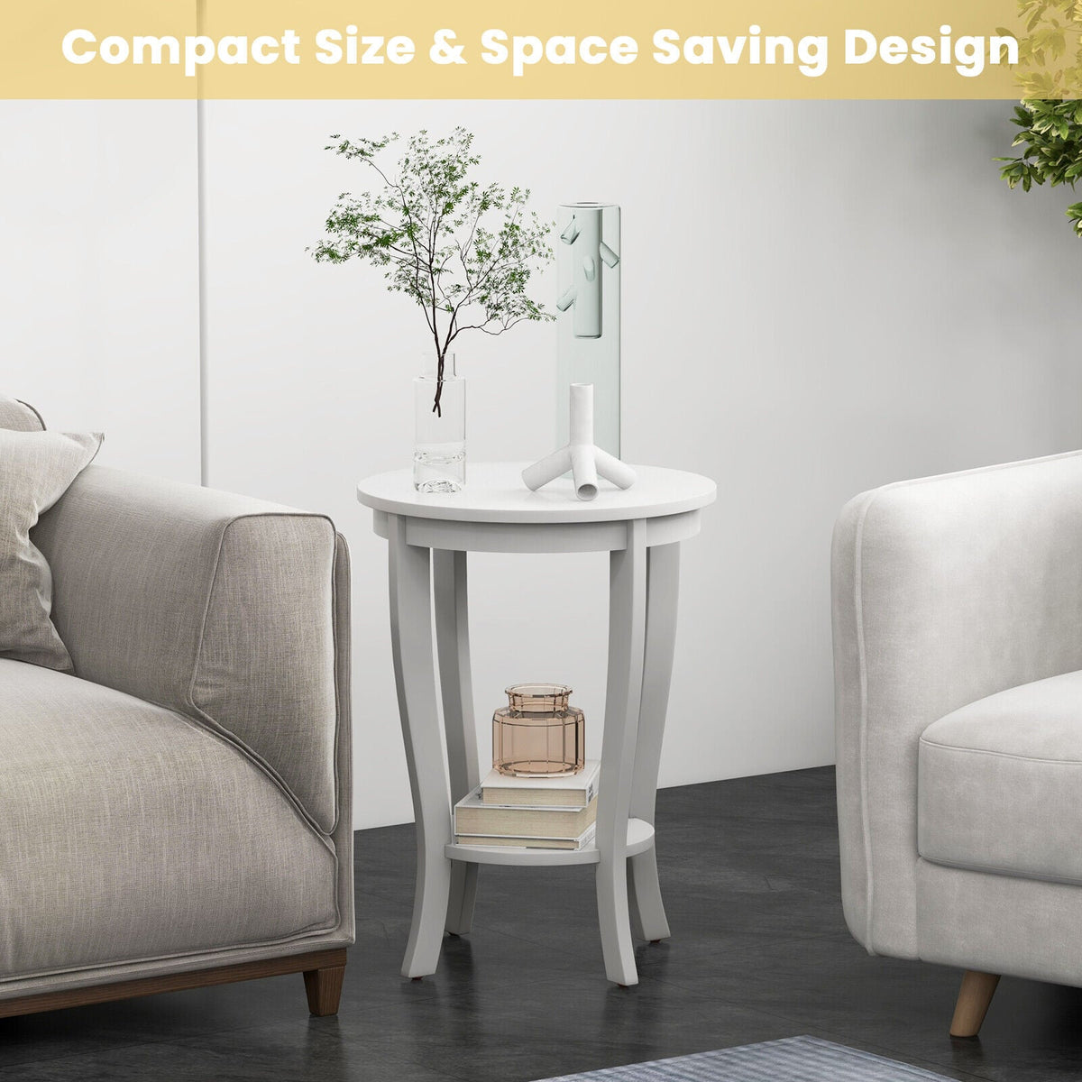 2-tier Round End Table with Solid Wood Legs-White-End & Side Tables-DECOROLALA