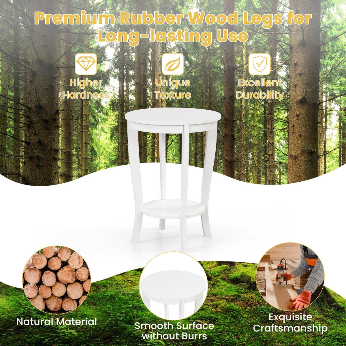 2-tier Round End Table with Solid Wood Legs-White-End & Side Tables-DECOROLALA