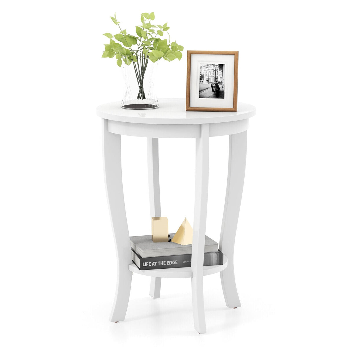 2-tier Round End Table with Solid Wood Legs-White-End & Side Tables-DECOROLALA