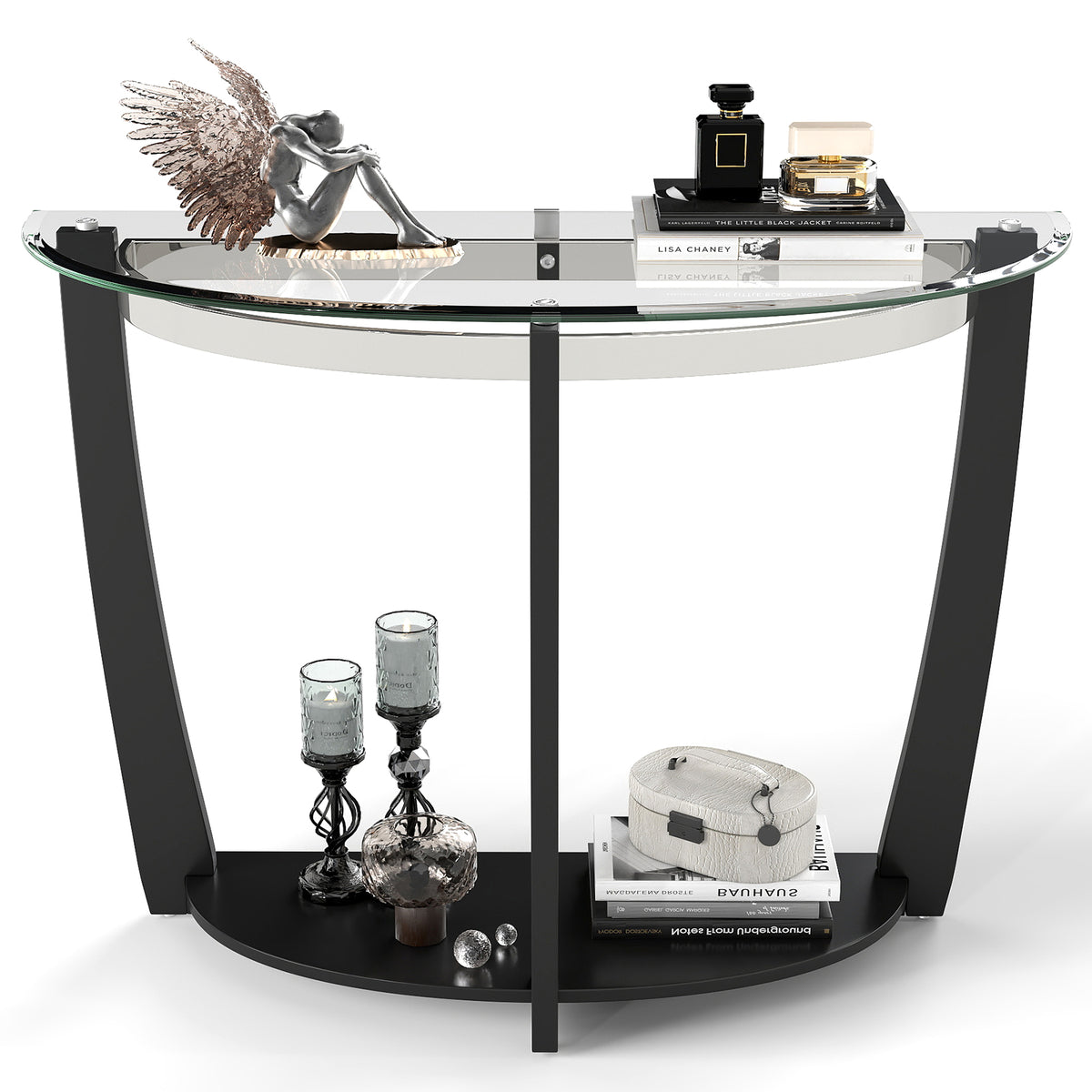 2-tier Tempered Glass Console Table with Clear Glass Top and Open Shelf-Black-End & Side Tables-DECOROLALA