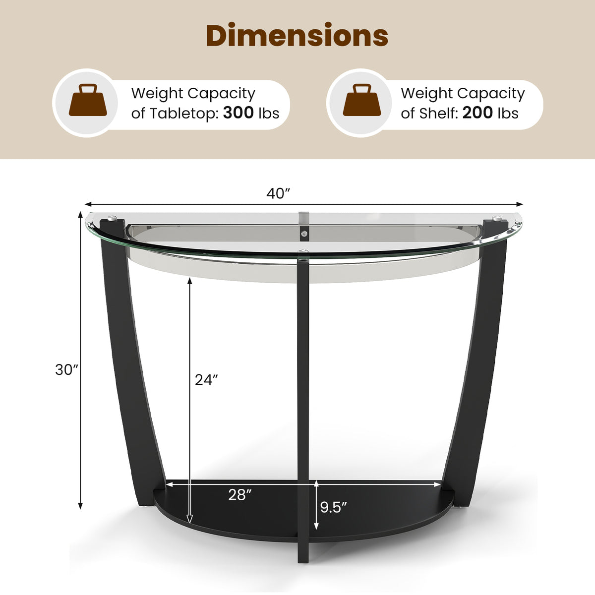 2-tier Tempered Glass Console Table with Clear Glass Top and Open Shelf-Black-End & Side Tables-DECOROLALA