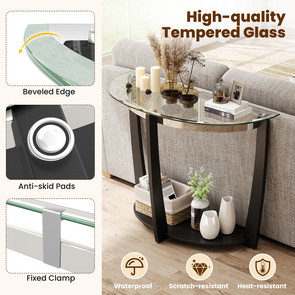 2-tier Tempered Glass Console Table with Clear Glass Top and Open Shelf-Black-End & Side Tables-DECOROLALA