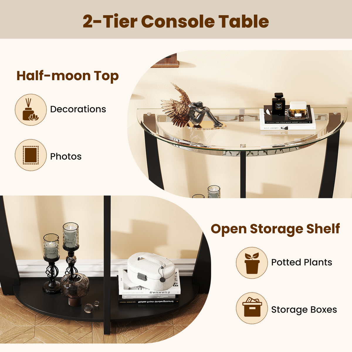 2-tier Tempered Glass Console Table with Clear Glass Top and Open Shelf-Black-End & Side Tables-DECOROLALA