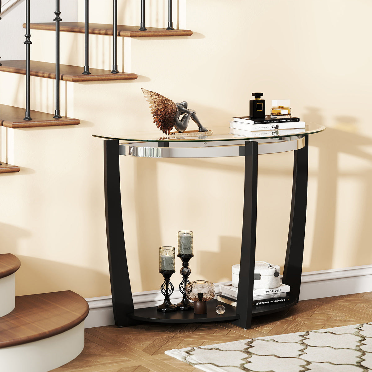 2-tier Tempered Glass Console Table with Clear Glass Top and Open Shelf-Black-End & Side Tables-DECOROLALA