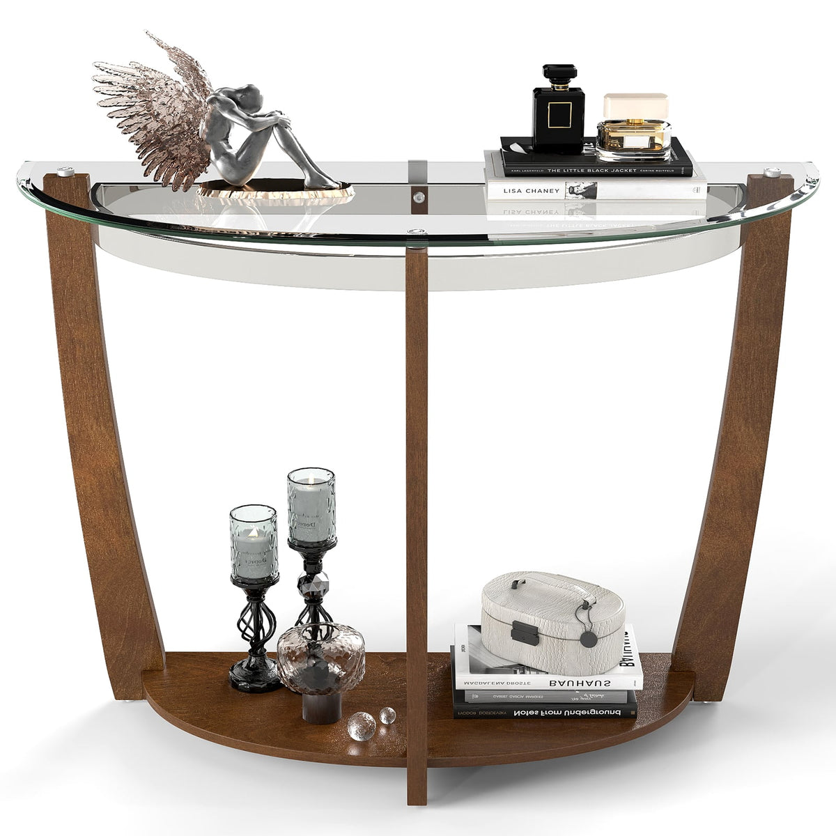 2-tier Tempered Glass Console Table with Clear Glass Top and Open Shelf-Walnut-End & Side Tables-DECOROLALA