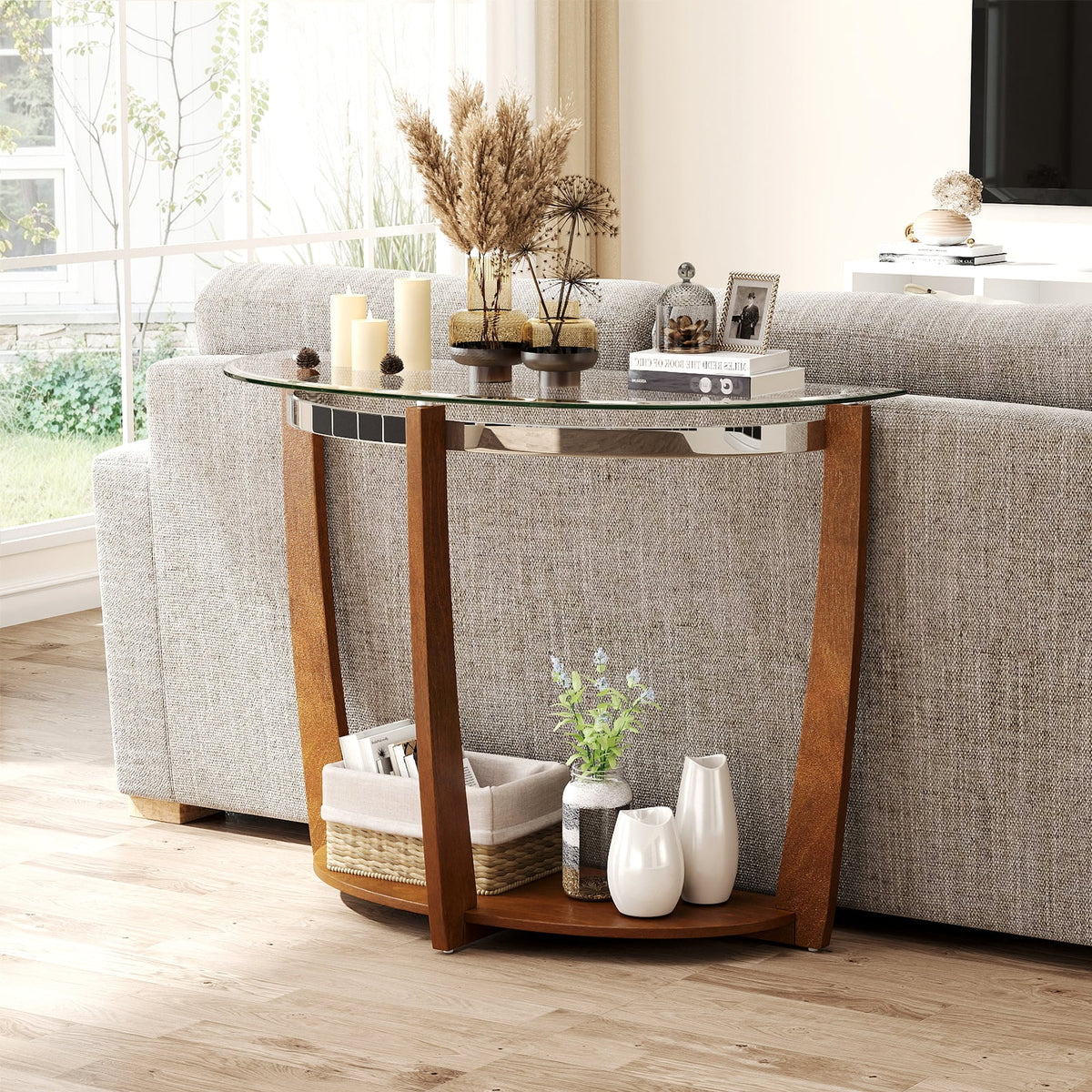 2-tier Tempered Glass Console Table with Clear Glass Top and Open Shelf-Walnut-End & Side Tables-DECOROLALA