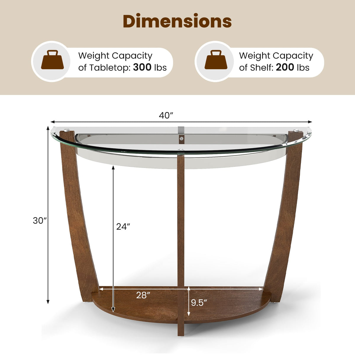 2-tier Tempered Glass Console Table with Clear Glass Top and Open Shelf-Walnut-End & Side Tables-DECOROLALA