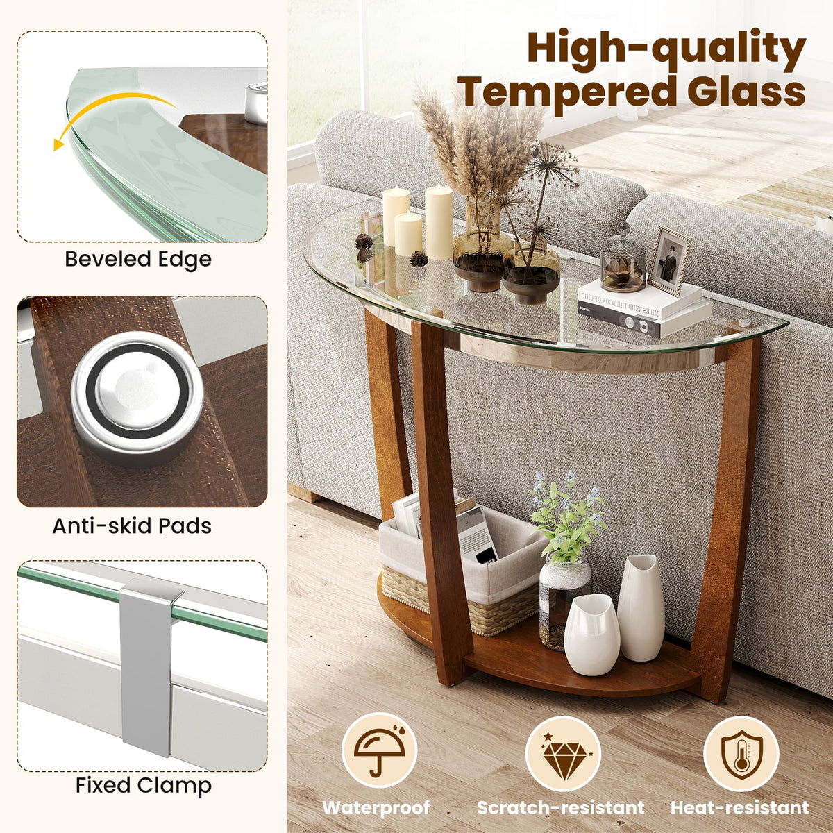2-tier Tempered Glass Console Table with Clear Glass Top and Open Shelf-Walnut-End & Side Tables-DECOROLALA
