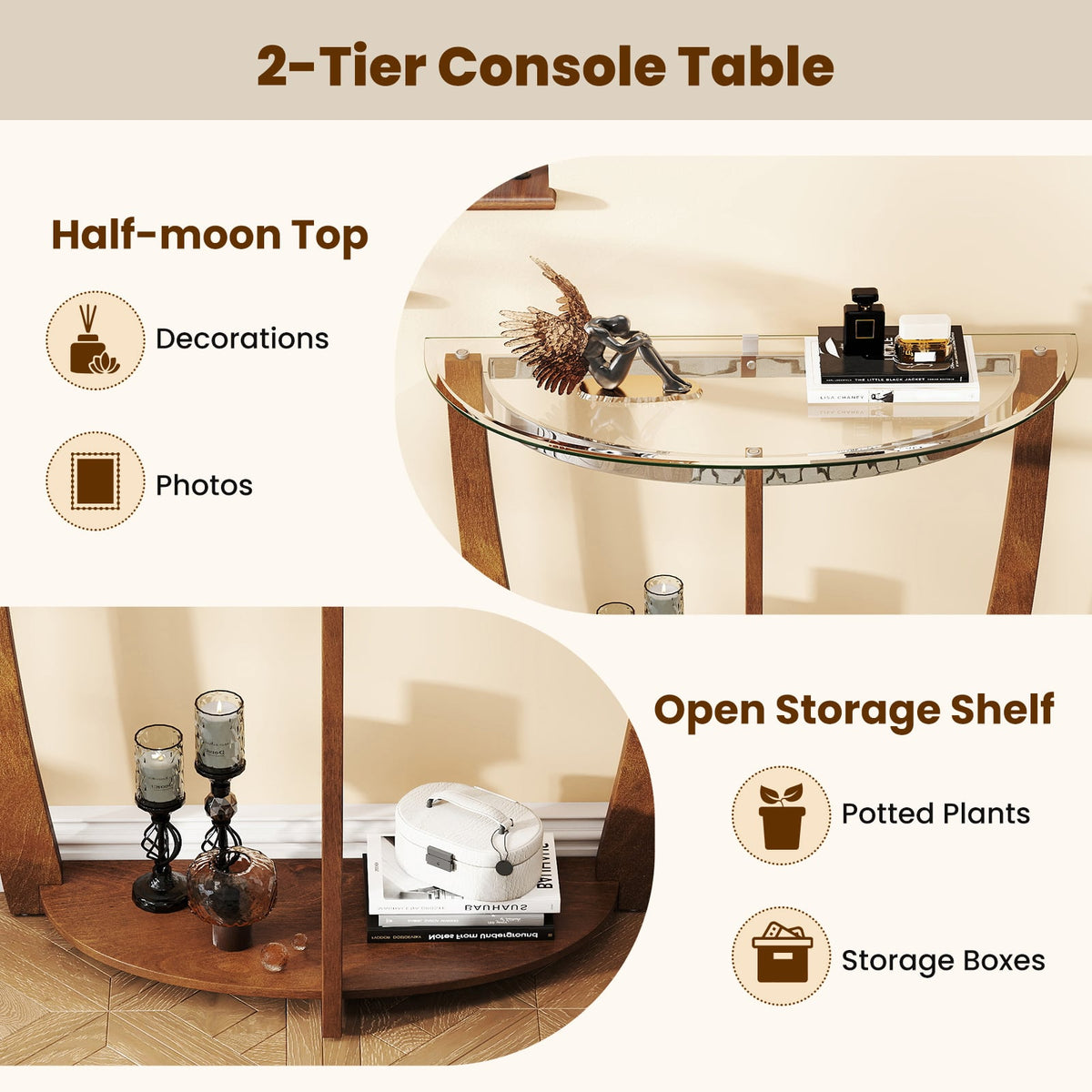 2-tier Tempered Glass Console Table with Clear Glass Top and Open Shelf-Walnut-End & Side Tables-DECOROLALA