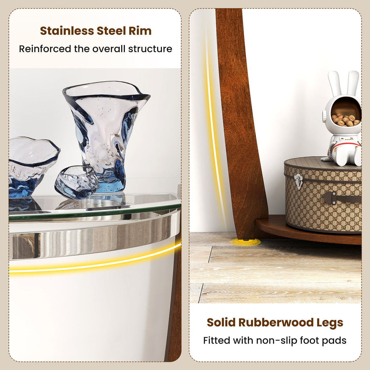 2-tier Tempered Glass Console Table with Clear Glass Top and Open Shelf-Walnut-End & Side Tables-DECOROLALA