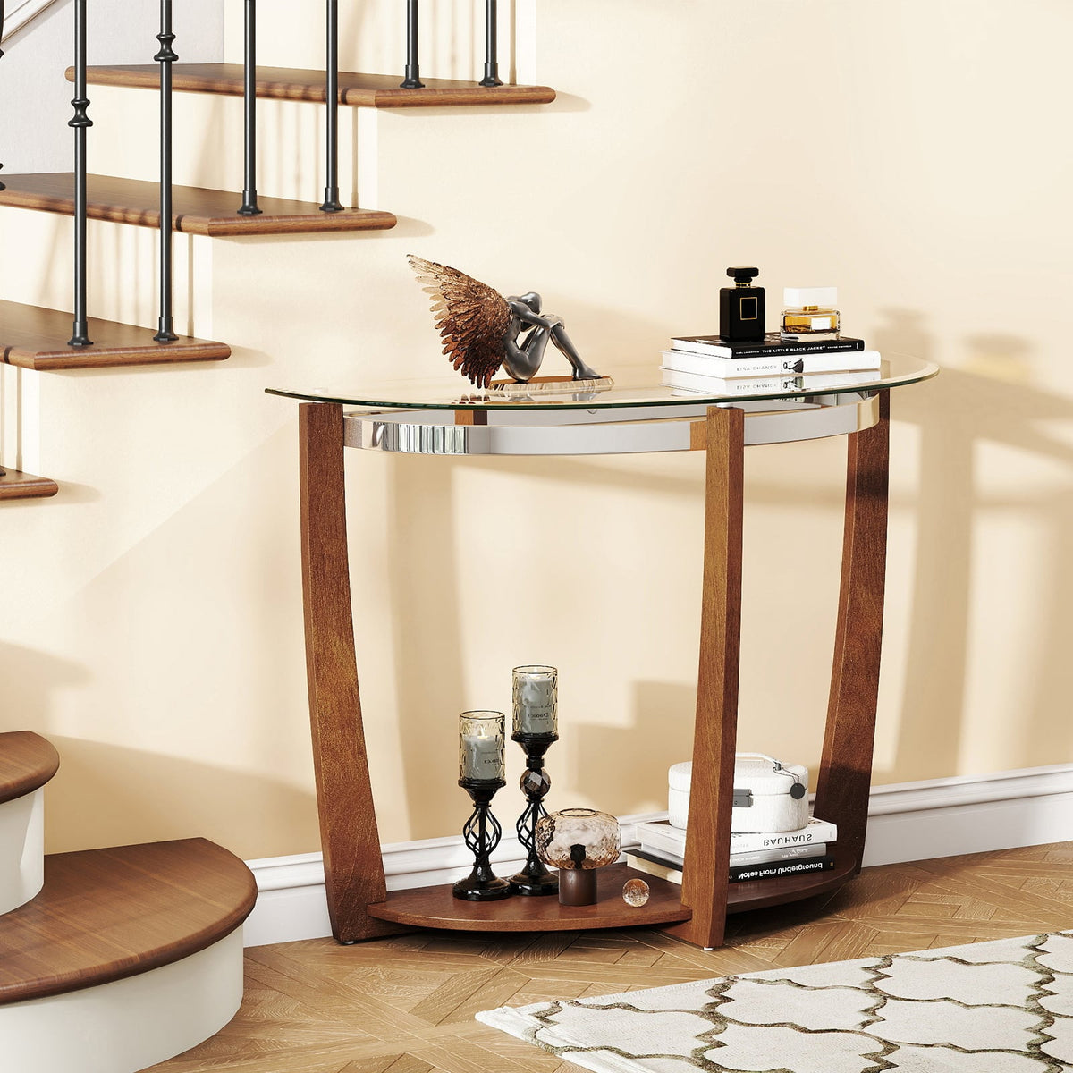 2-tier Tempered Glass Console Table with Clear Glass Top and Open Shelf-Walnut-End & Side Tables-DECOROLALA