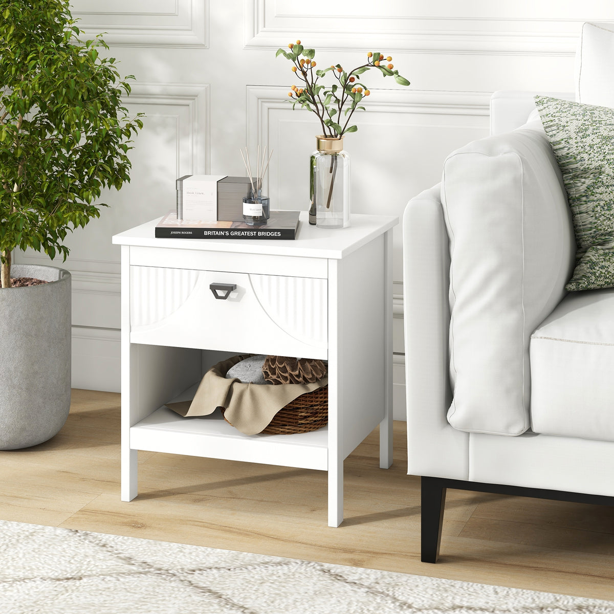 2-tier Wood Nightstand with Drawer and Open Storage Shelf for Bedroom-White-Nightstands-DECOROLALA