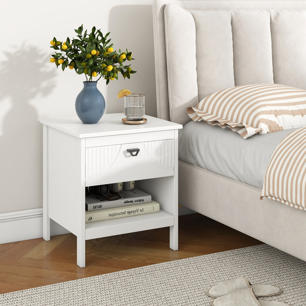2-tier Wood Nightstand with Drawer and Open Storage Shelf for Bedroom-White-Nightstands-DECOROLALA