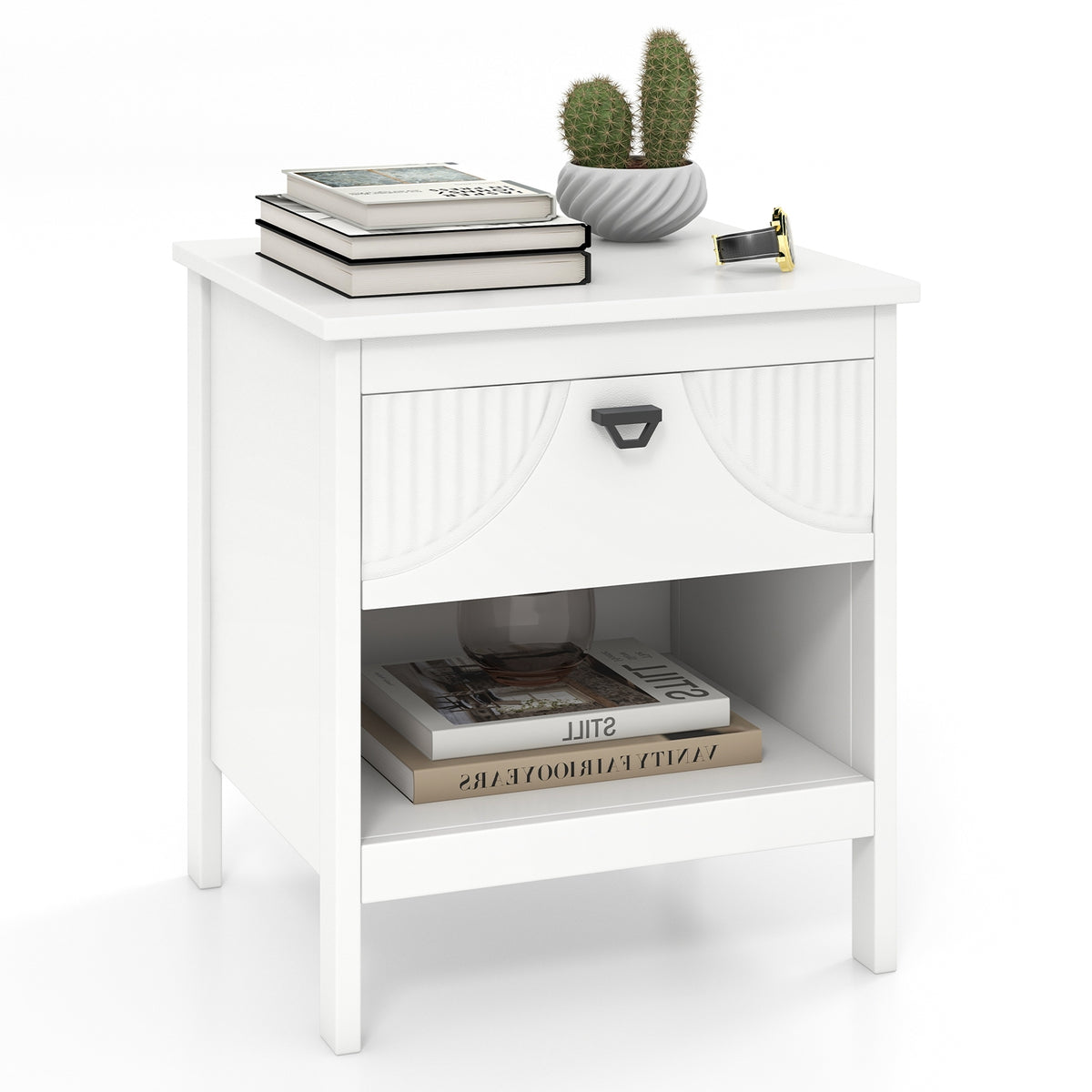 2-tier Wood Nightstand with Drawer and Open Storage Shelf for Bedroom-White-Nightstands-DECOROLALA