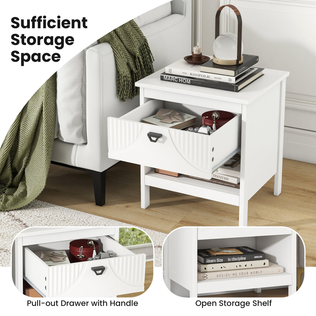 2-tier Wood Nightstand with Drawer and Open Storage Shelf for Bedroom-White-Nightstands-DECOROLALA