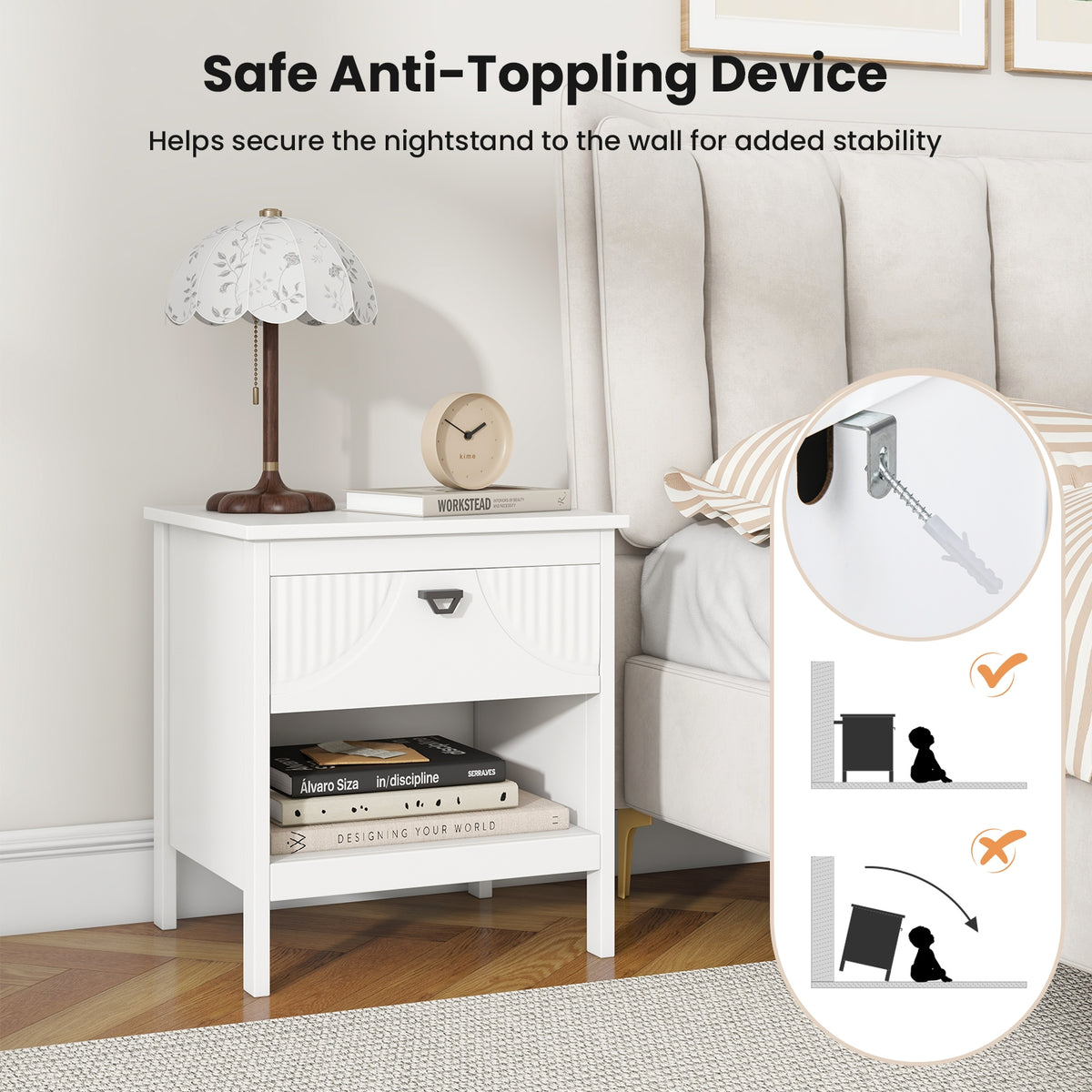 2-tier Wood Nightstand with Drawer and Open Storage Shelf for Bedroom-White-Nightstands-DECOROLALA
