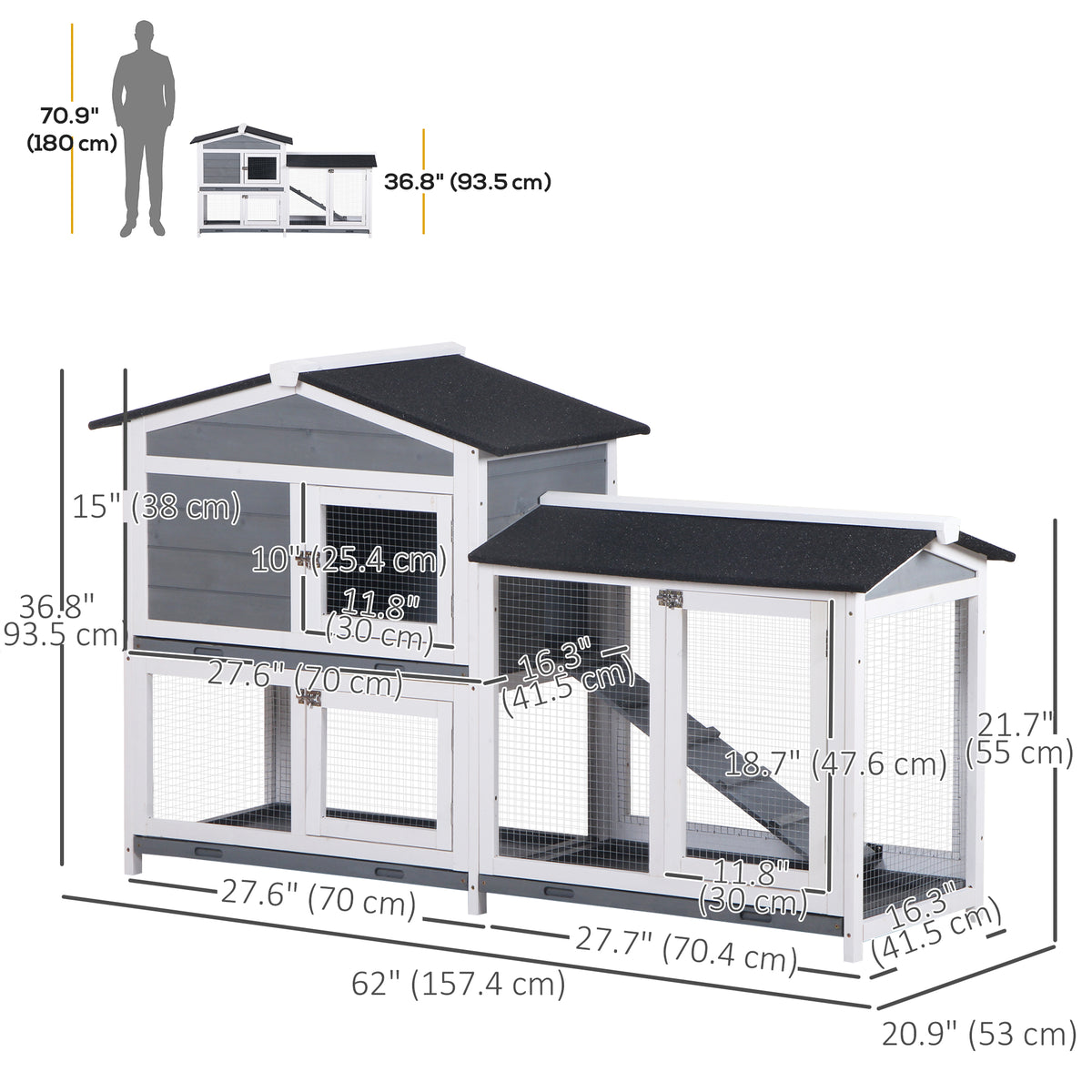 2-tier Wooden Rabbit Hutch with Ramp and Outdoor Run - Grey-Small Animals-DECOROLALA