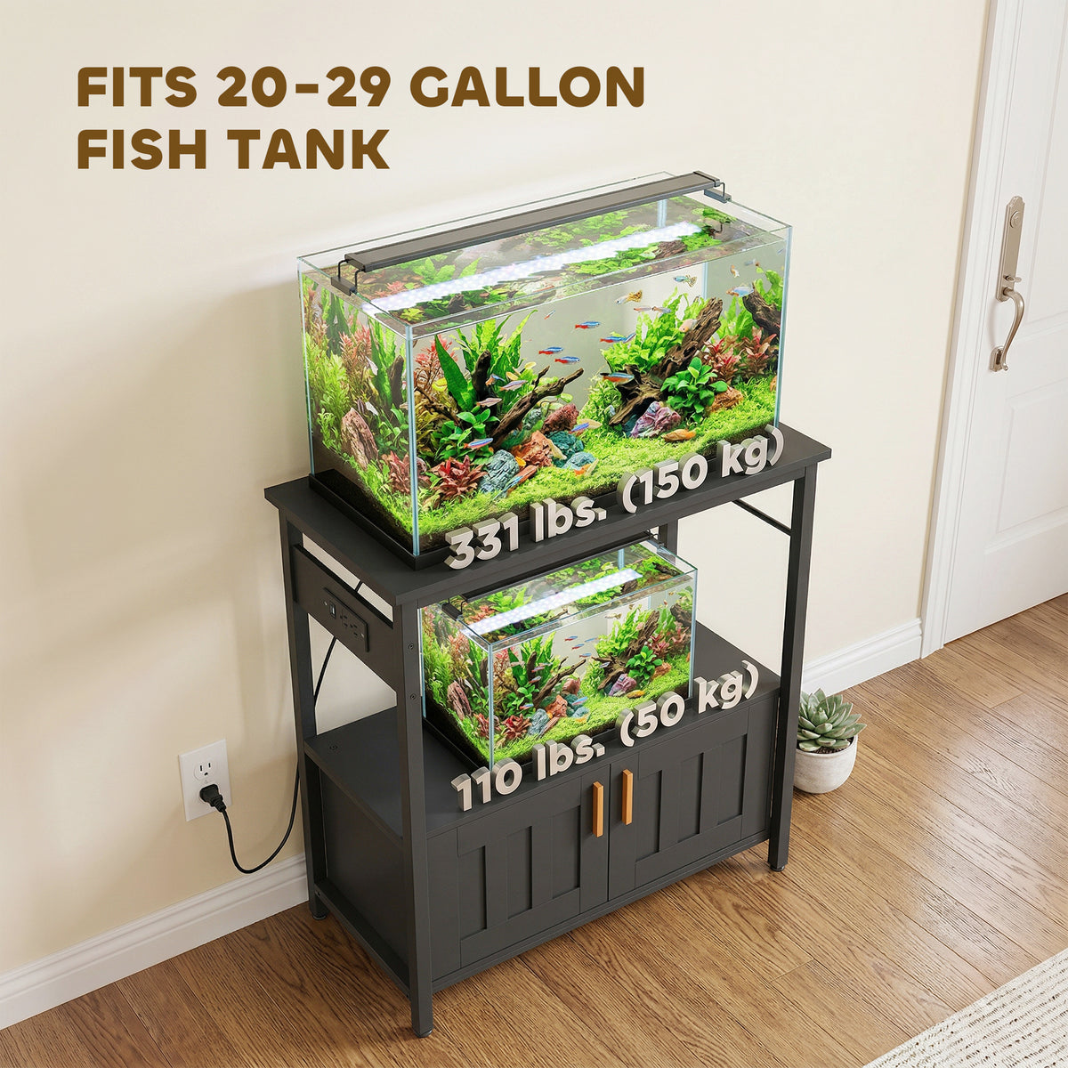 20-29 Gallon Fish Tank Stand with Power Strip & Storage - Black-Small Animals-DECOROLALA