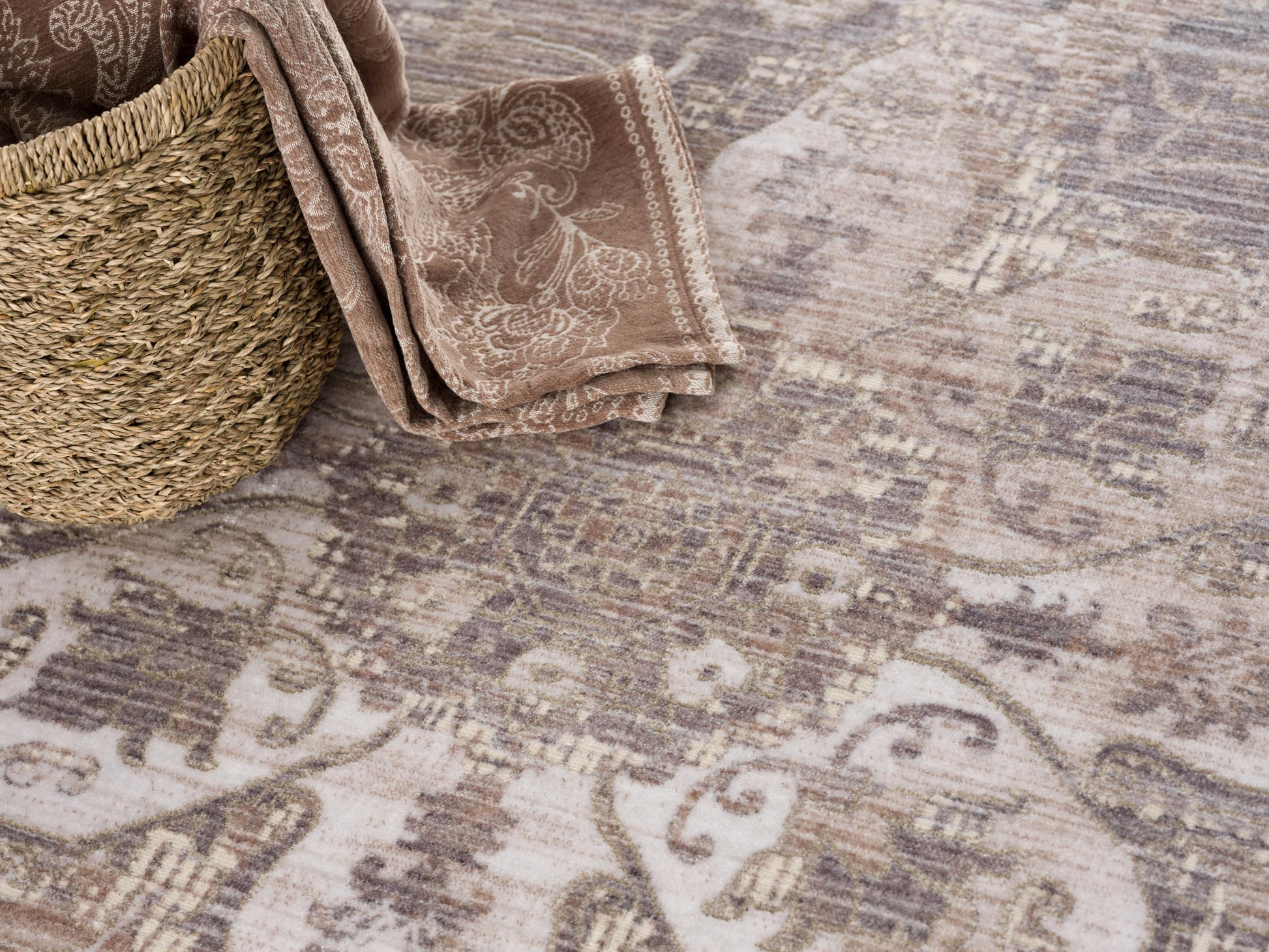 20' Beige And Ivory Medallion Distressed Runner Rug-Area Rugs-DECOROLALA