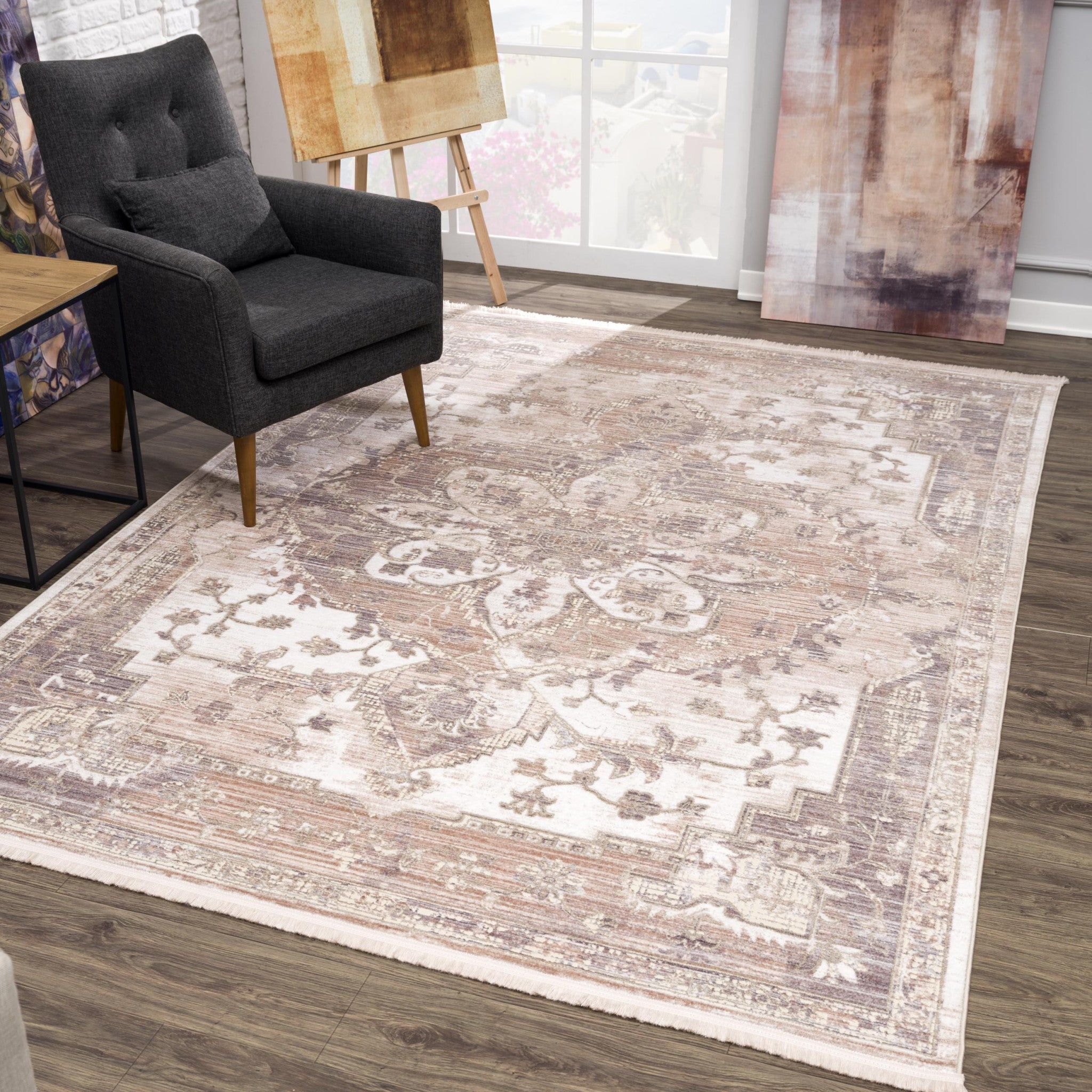 20' Beige And Ivory Medallion Distressed Runner Rug-Area Rugs-DECOROLALA