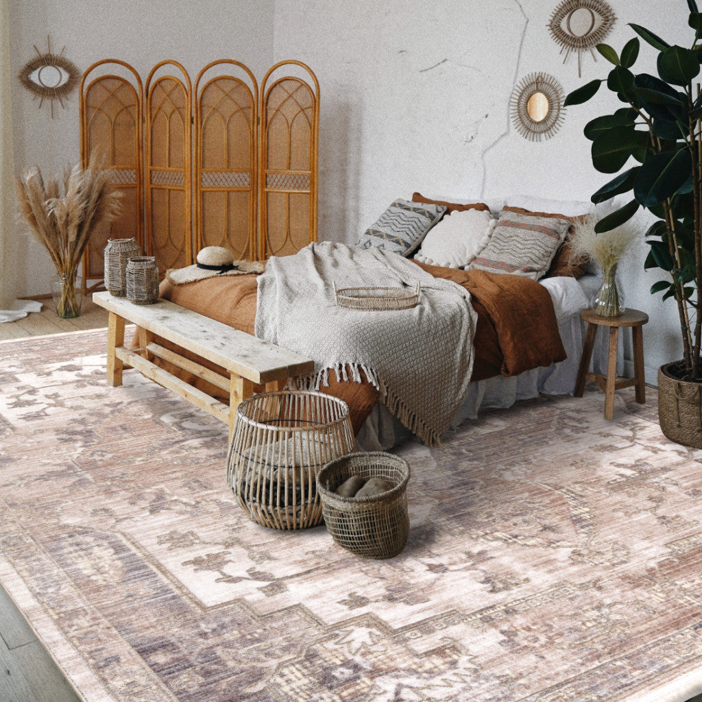 20' Beige And Ivory Medallion Distressed Runner Rug-Area Rugs-DECOROLALA