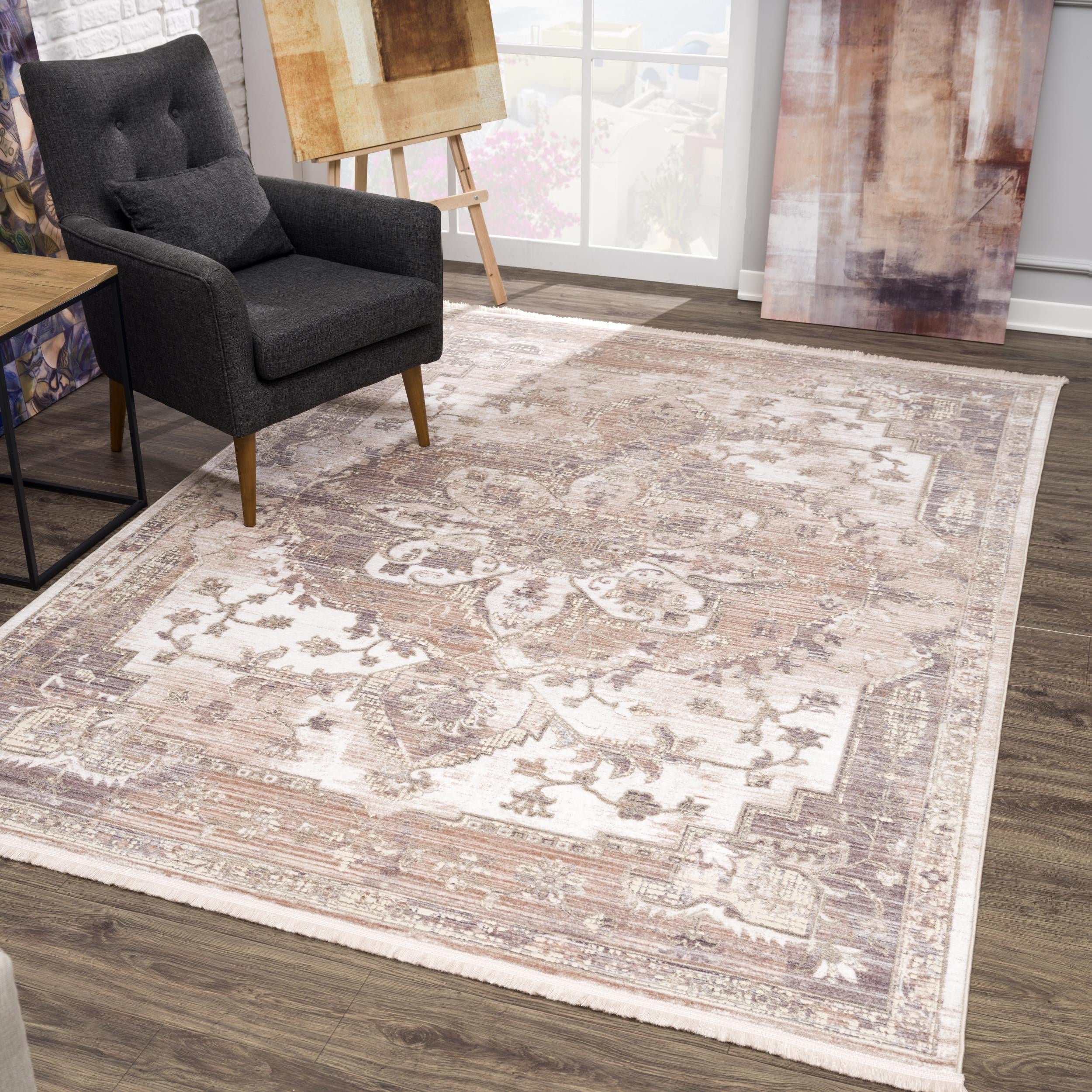 20' Beige And Ivory Medallion Distressed Runner Rug-Area Rugs-DECOROLALA
