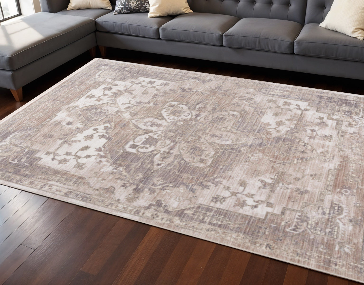 20' Beige And Ivory Medallion Distressed Runner Rug-Area Rugs-DECOROLALA