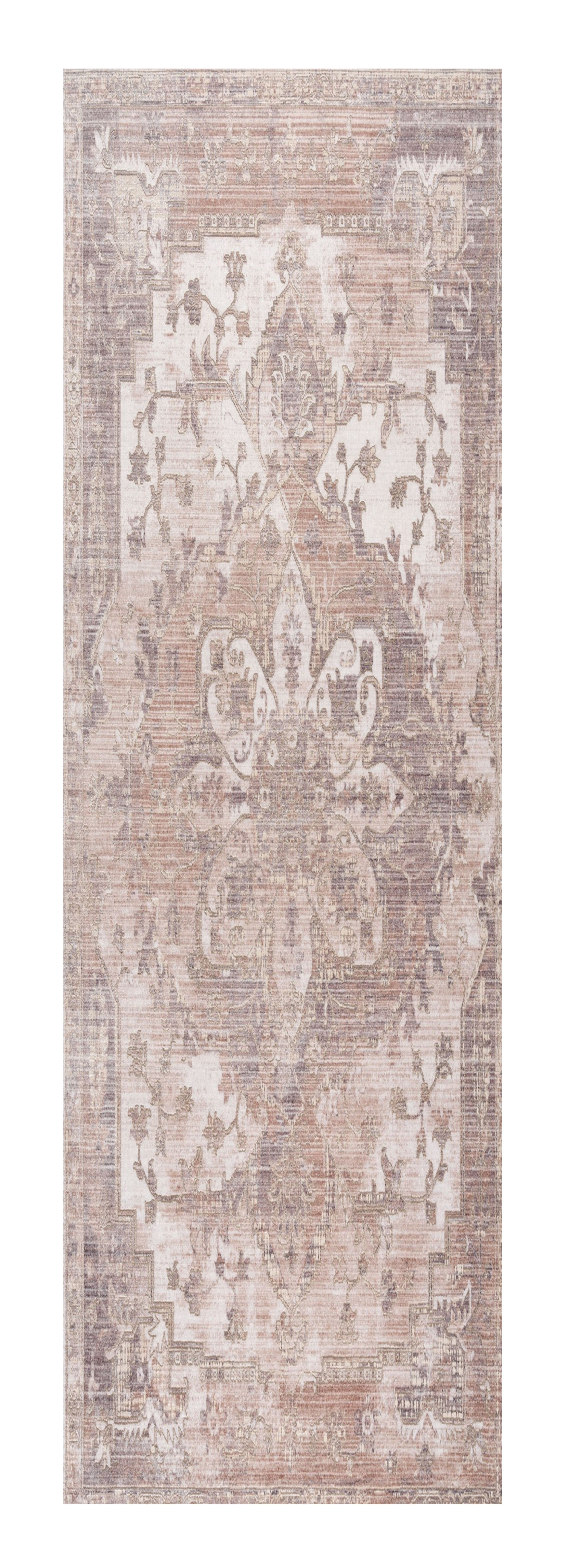 20' Beige And Ivory Medallion Distressed Runner Rug-Area Rugs-DECOROLALA