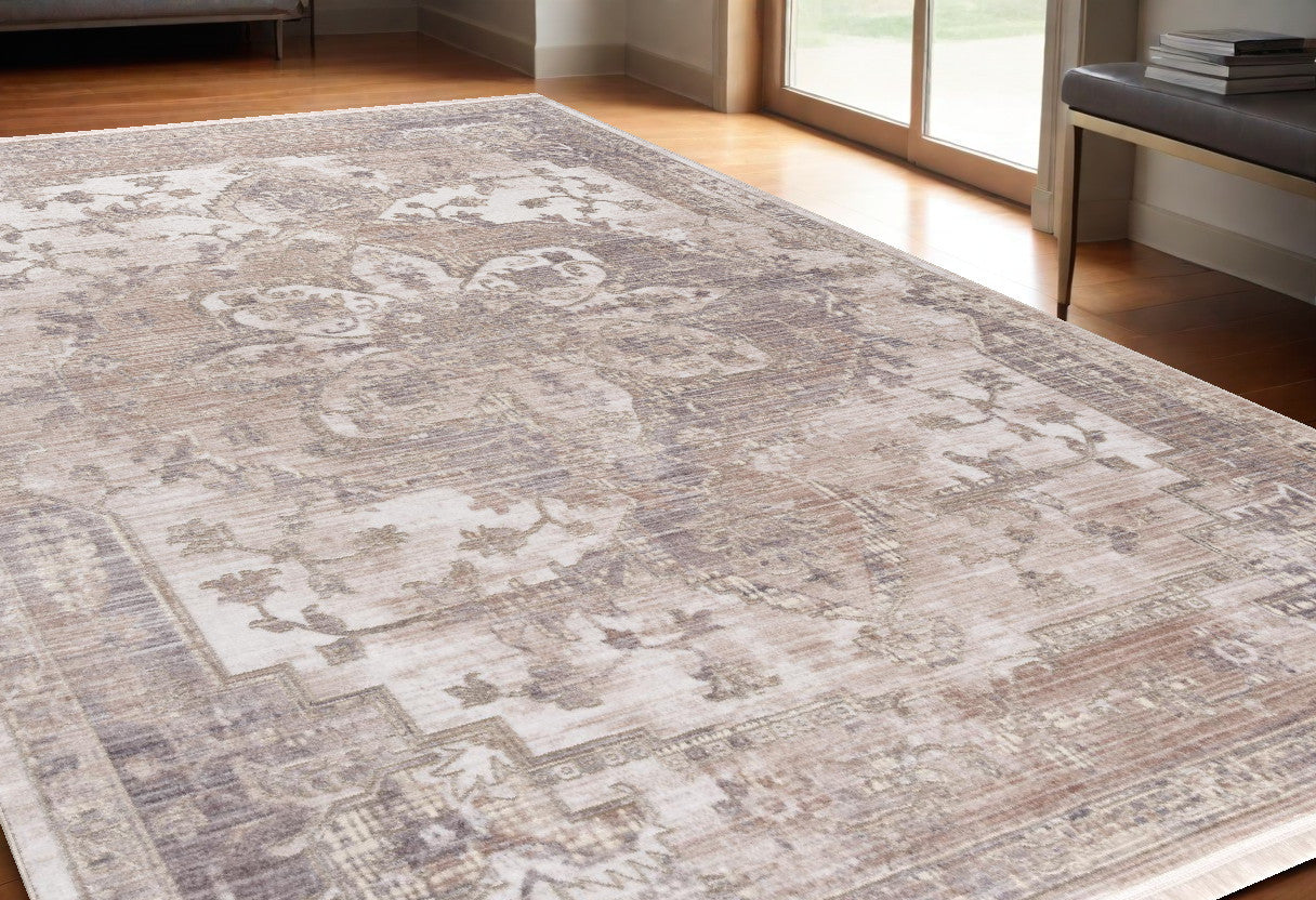 20' Beige And Ivory Medallion Distressed Runner Rug-Area Rugs-DECOROLALA