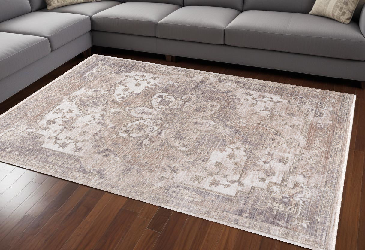 20' Beige And Ivory Medallion Distressed Runner Rug-Area Rugs-DECOROLALA