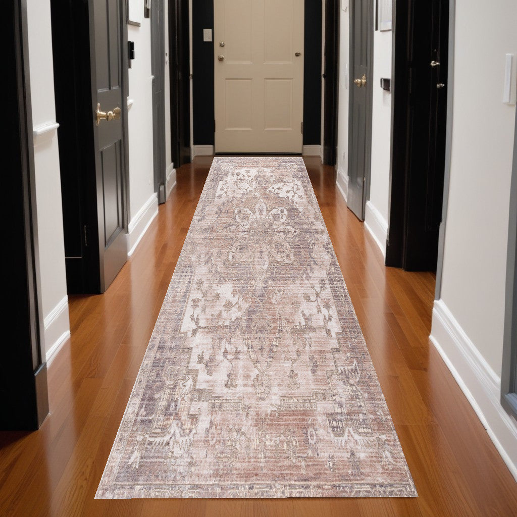 20' Beige And Ivory Medallion Distressed Runner Rug-Area Rugs-DECOROLALA