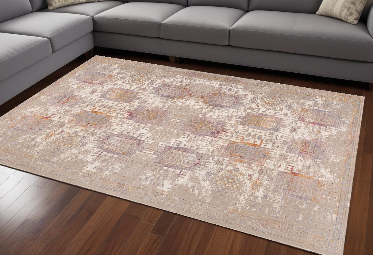 20' Beige And Ivory Medallion Runner Rug-Area Rugs-DECOROLALA