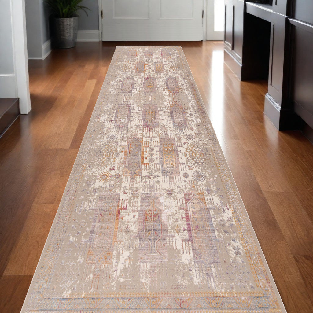 20' Beige And Ivory Medallion Runner Rug-Area Rugs-DECOROLALA