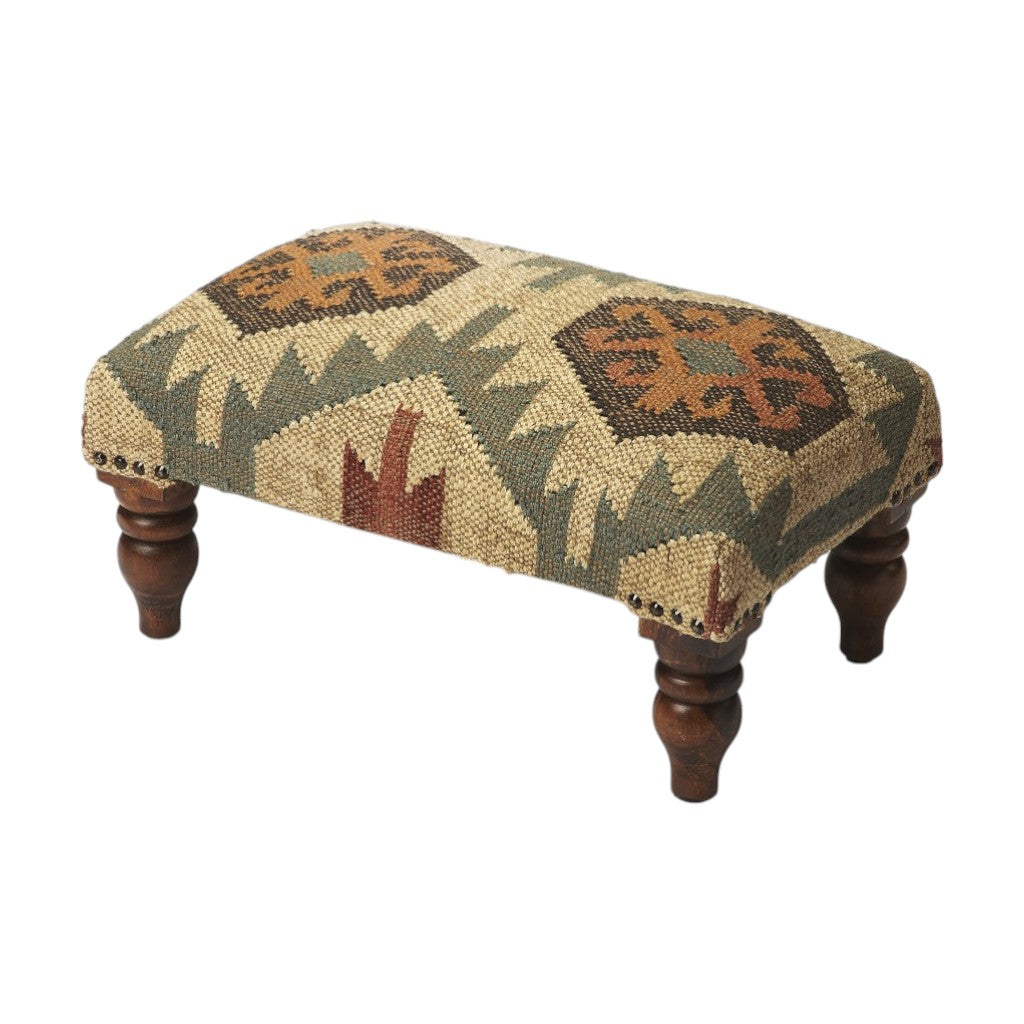 20" Beige Brown and Green Jute And Wool Southwestern Footstool-Ottomans-DECOROLALA