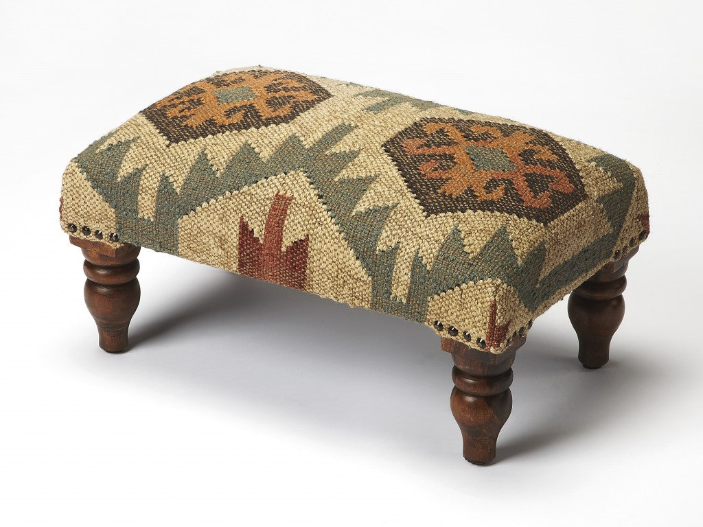 20" Beige Brown and Green Jute And Wool Southwestern Footstool-Ottomans-DECOROLALA