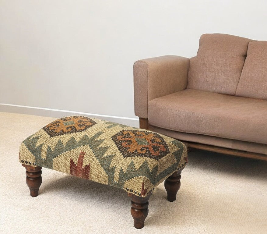 20" Beige Brown and Green Jute And Wool Southwestern Footstool-Ottomans-DECOROLALA