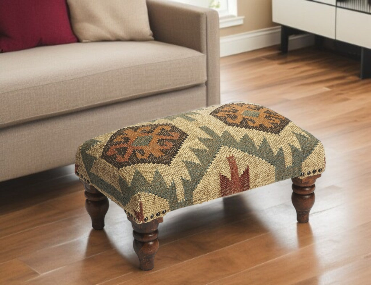 20" Beige Brown and Green Jute And Wool Southwestern Footstool-Ottomans-DECOROLALA