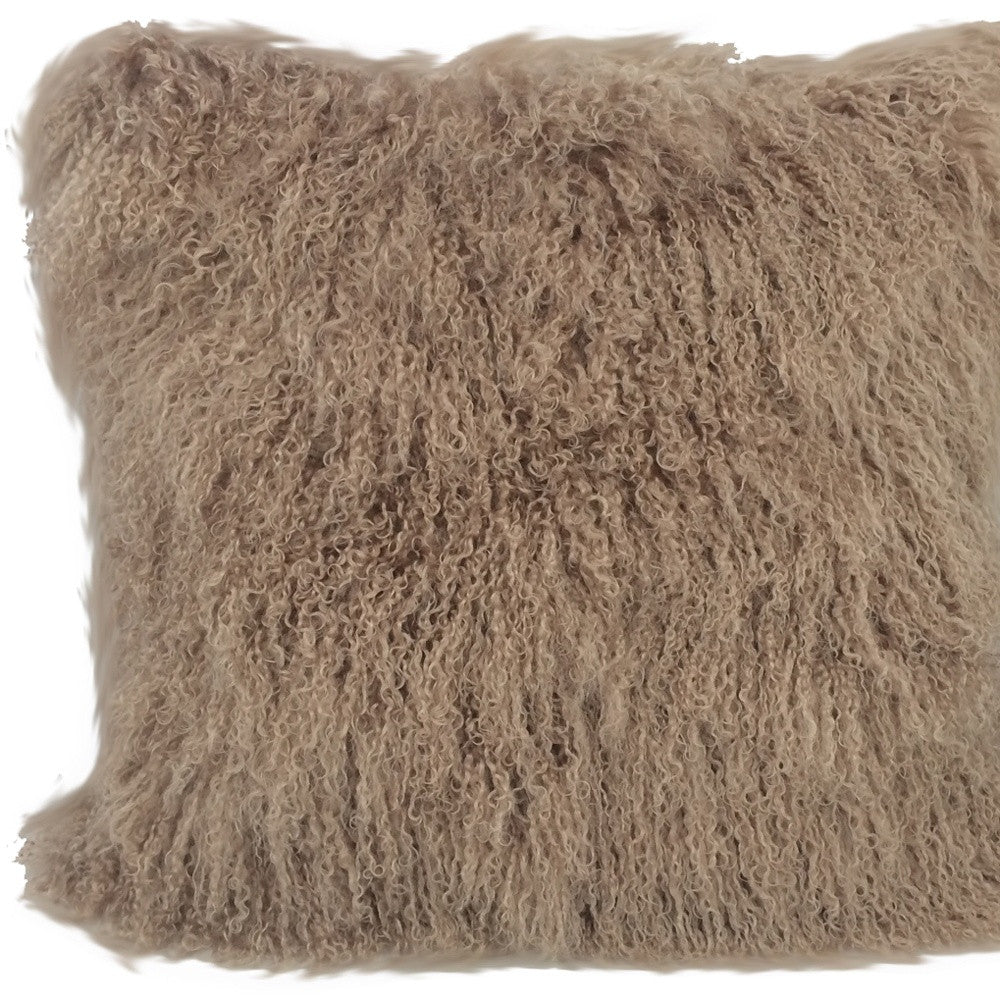 20" Beige Genuine Tibetan Lamb Fur Pillow With Microsuede Backing-Accent Throw Pillows-DECOROLALA