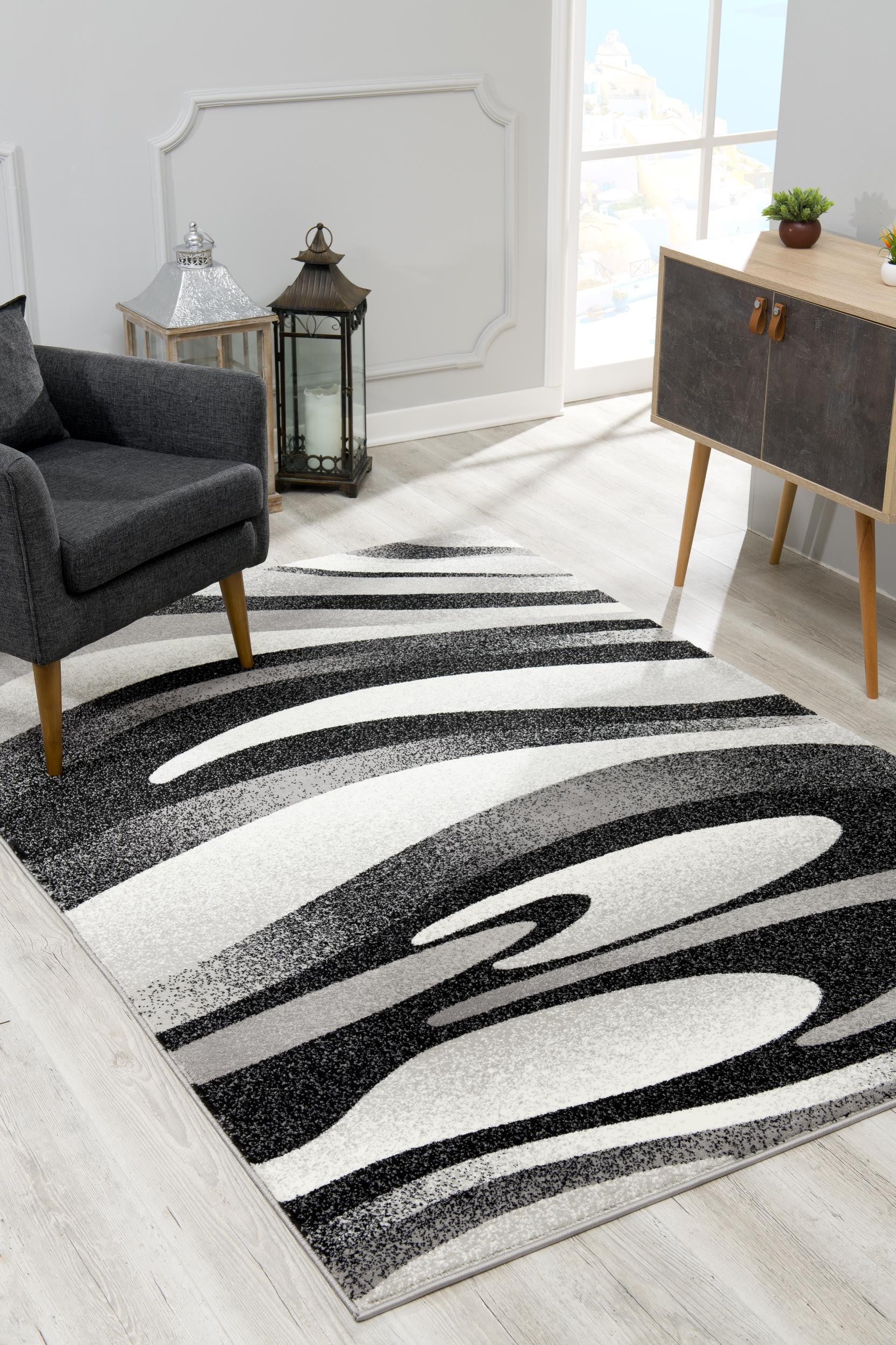 20' Black And Gray Abstract Runner Rug-Area Rugs-DECOROLALA