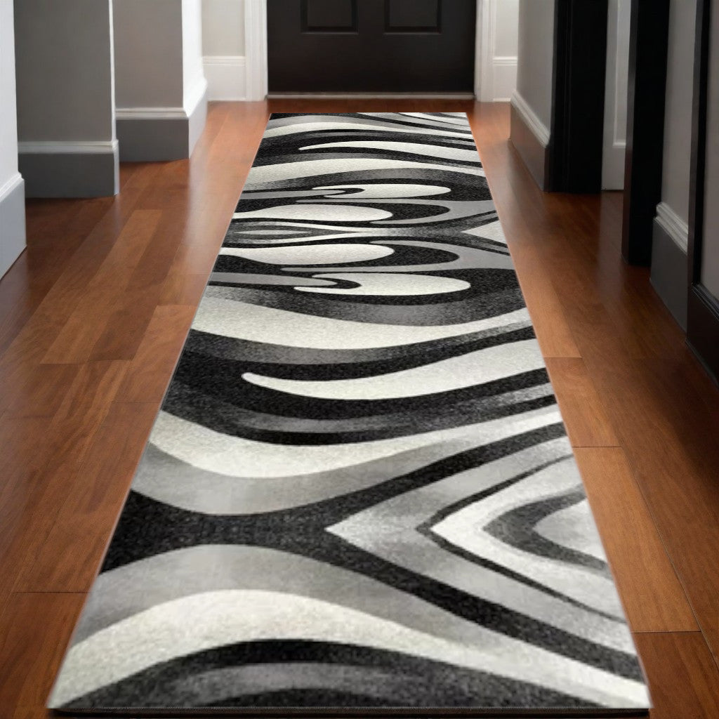 20' Black And Gray Abstract Runner Rug-Area Rugs-DECOROLALA