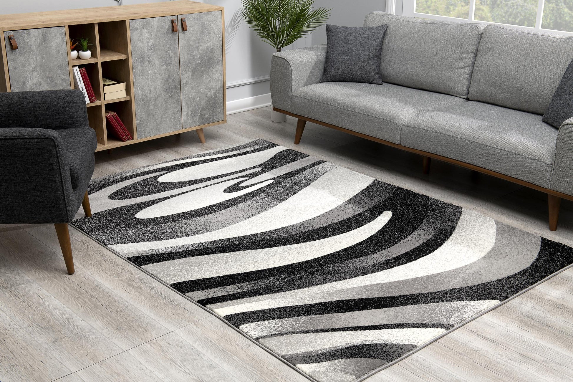 20' Black And Gray Abstract Runner Rug-Area Rugs-DECOROLALA