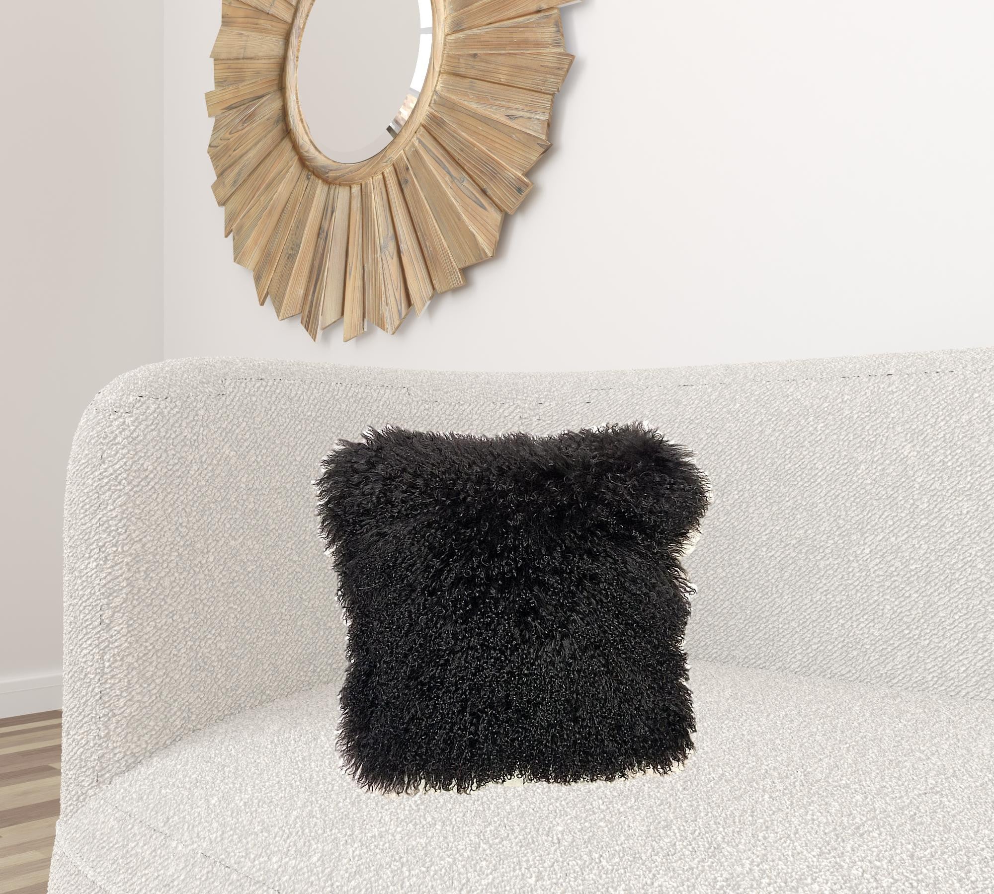 20" Black Genuine Tibetan Lamb Fur Pillow With Microsuede Backing-Accent Throw Pillows-DECOROLALA