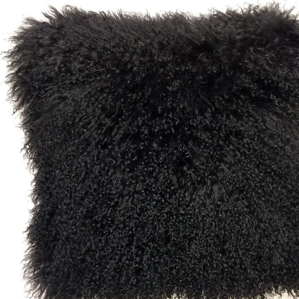 20" Black Genuine Tibetan Lamb Fur Pillow With Microsuede Backing-Accent Throw Pillows-DECOROLALA