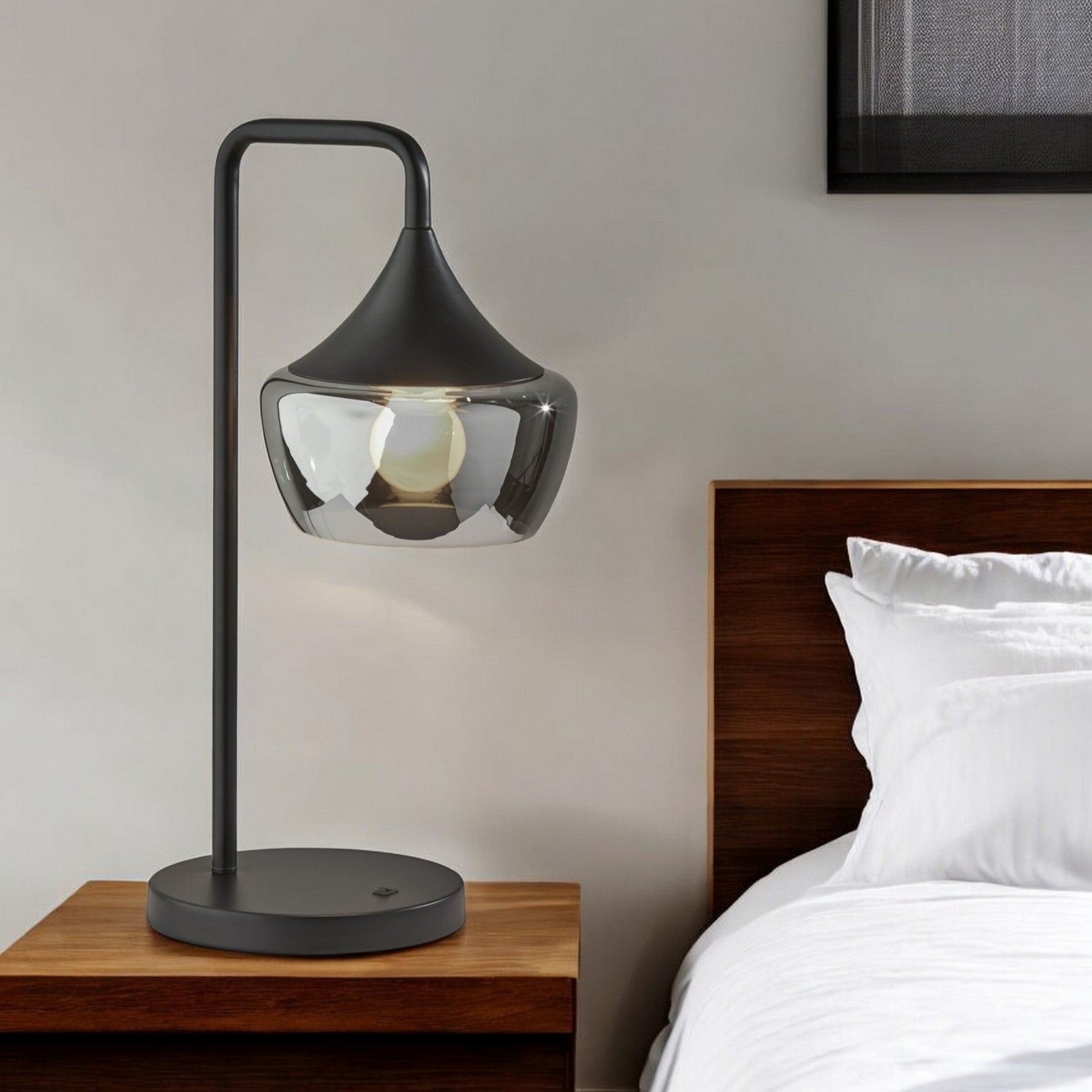 20" Black Metal Table Lamp With Black Metal And Smoked Glass Shade-Table Lamps-DECOROLALA