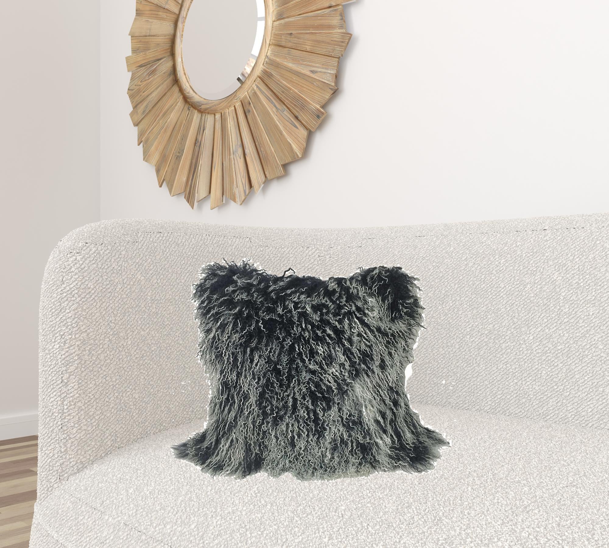 20" Black White Genuine Tibetan Lamb Fur Pillow With Microsuede Backing-Accent Throw Pillows-DECOROLALA