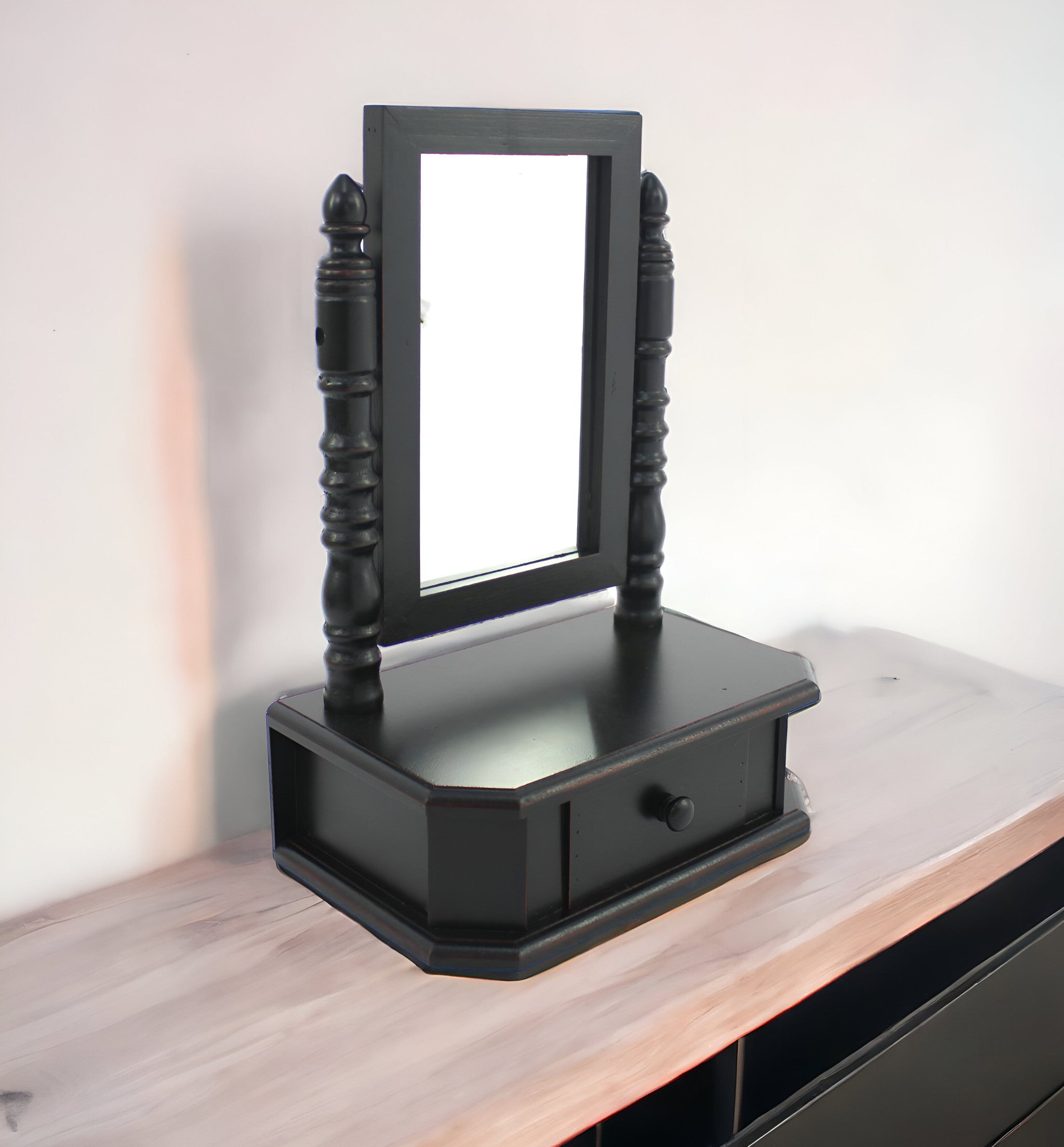 20" Black Wood Framed Freestanding Makeup Shaving Tabletop Mirror-Mirrors-DECOROLALA