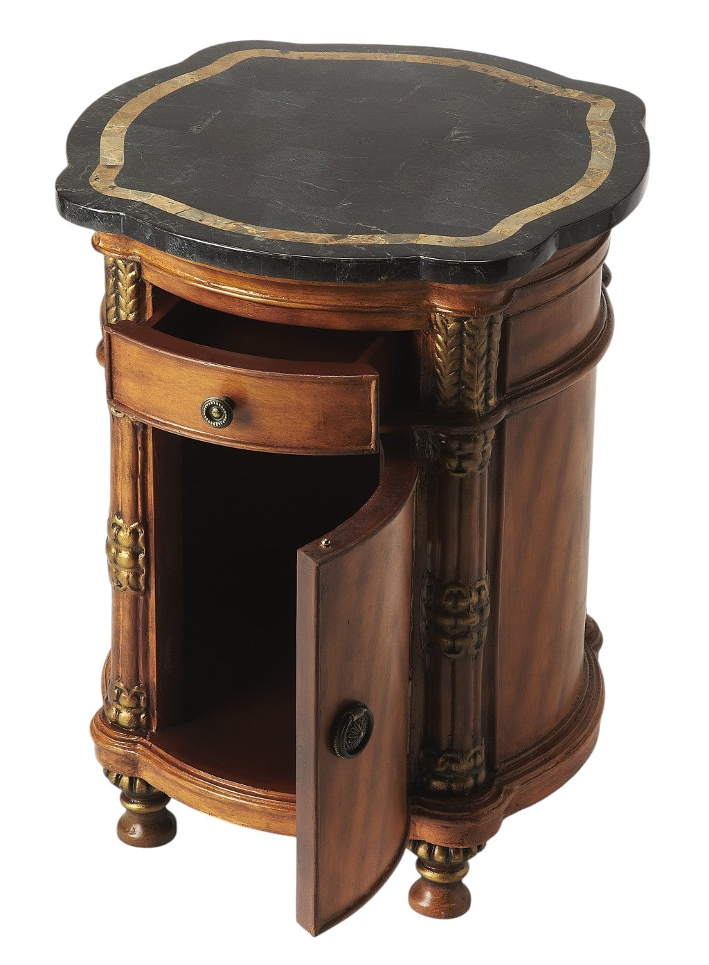 20" Black and Brown Stone and Wood Free Form Coffee Table With Drawer-Coffee Tables-DECOROLALA