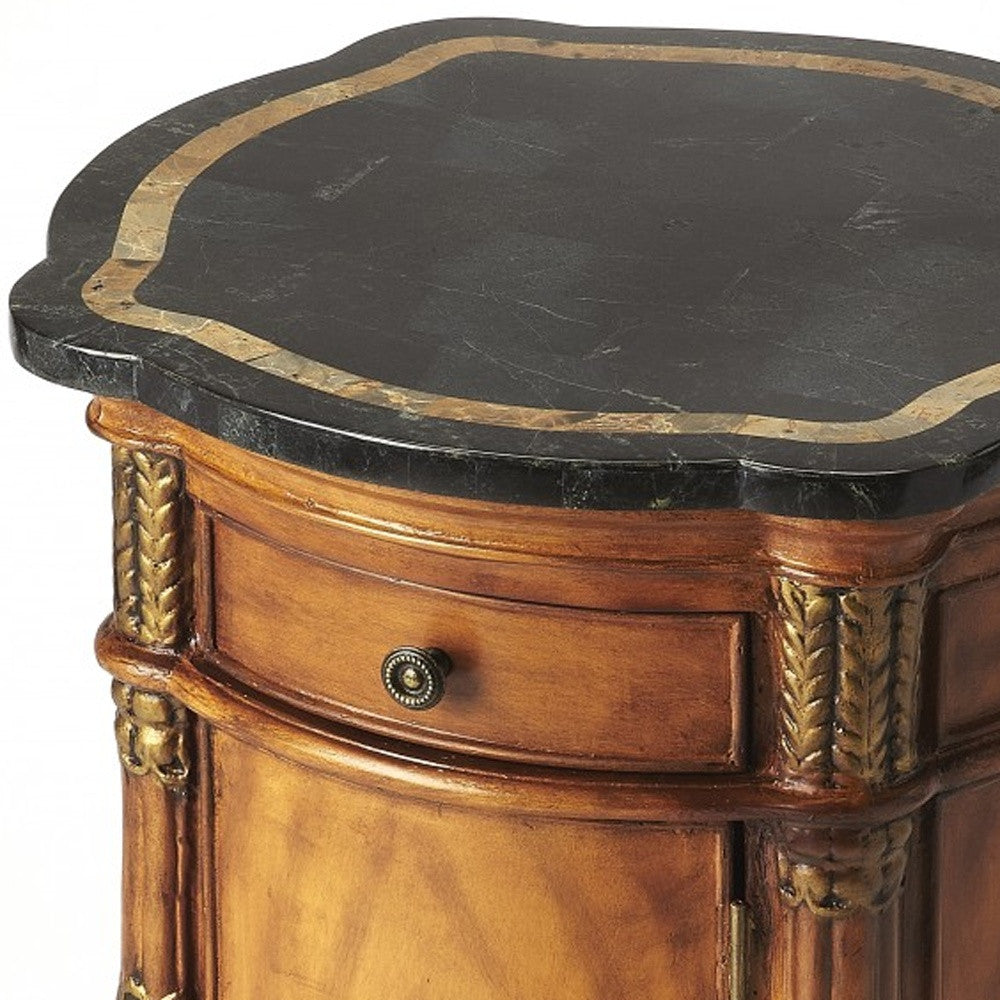 20" Black and Brown Stone and Wood Free Form Coffee Table With Drawer-Coffee Tables-DECOROLALA