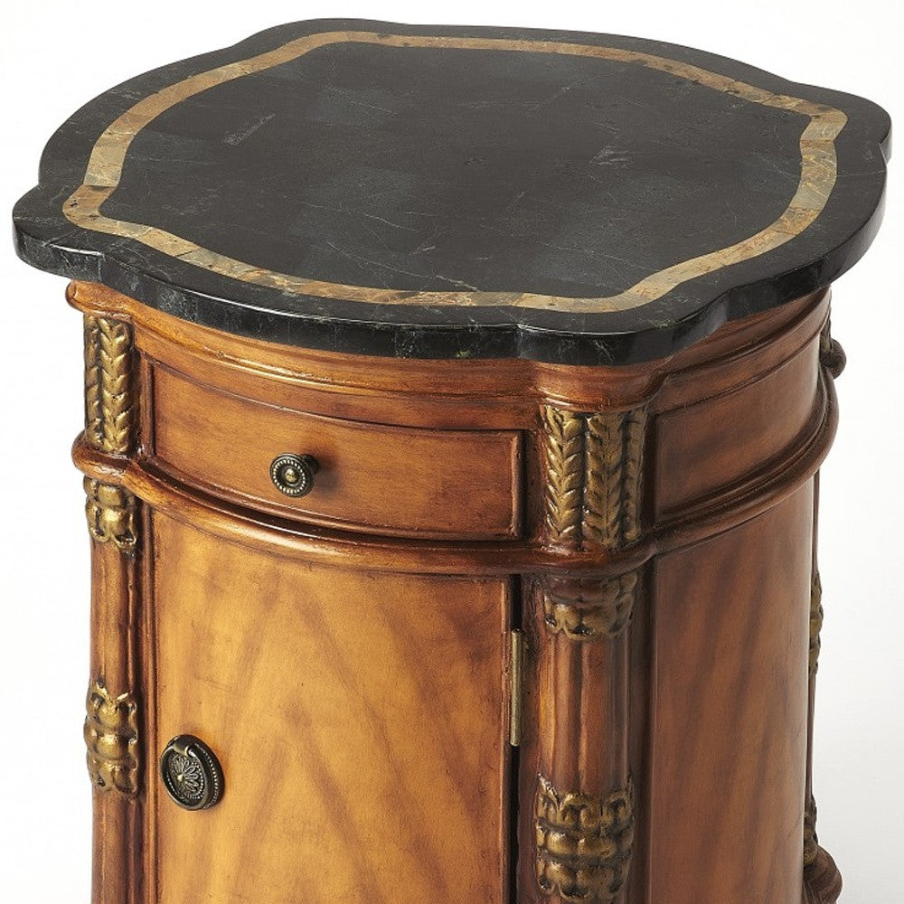 20" Black and Brown Stone and Wood Free Form Coffee Table With Drawer-Coffee Tables-DECOROLALA